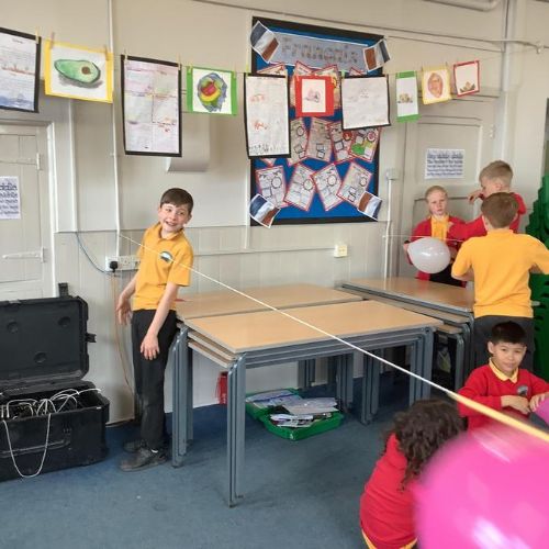 Class Three is exploring friction by investigating balloon rockets- Summer 2023